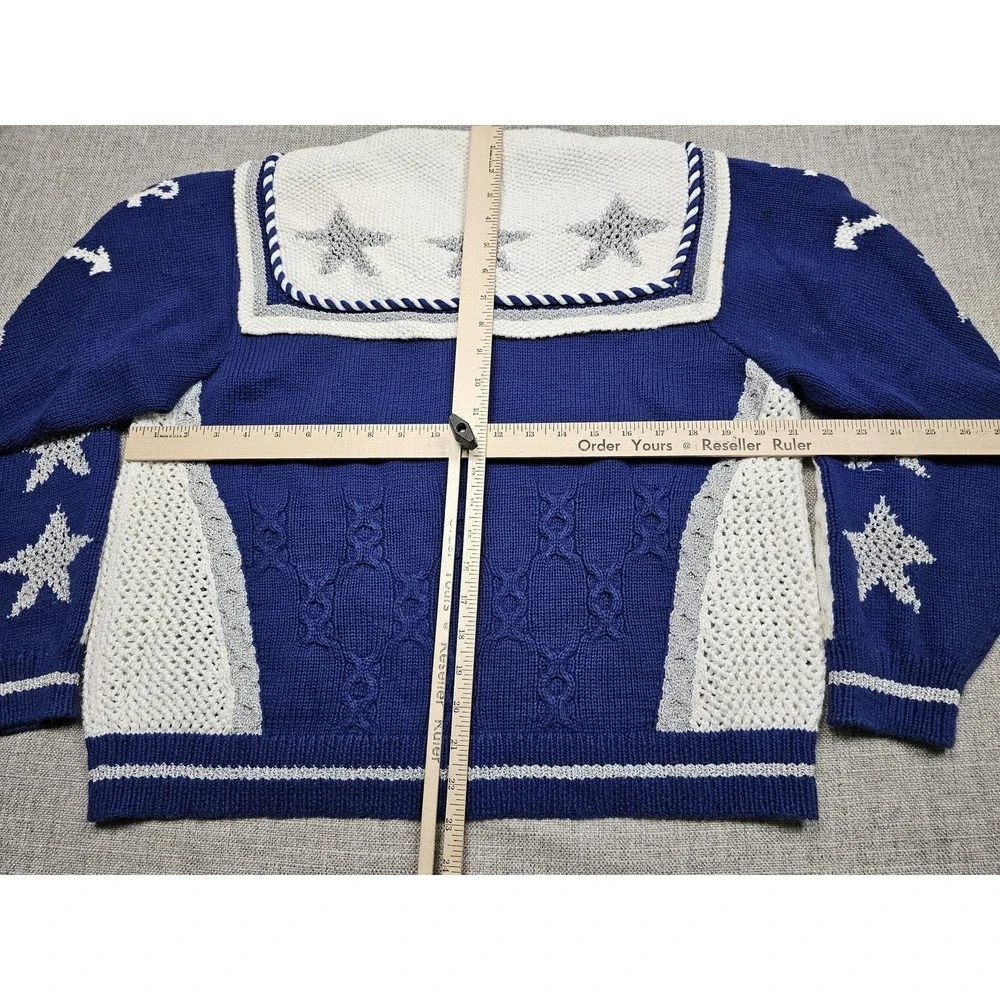 Vintage Berek 2 Cardigan Sweater Womens‎ Medium Blue Anchor Nautical Knit Stars